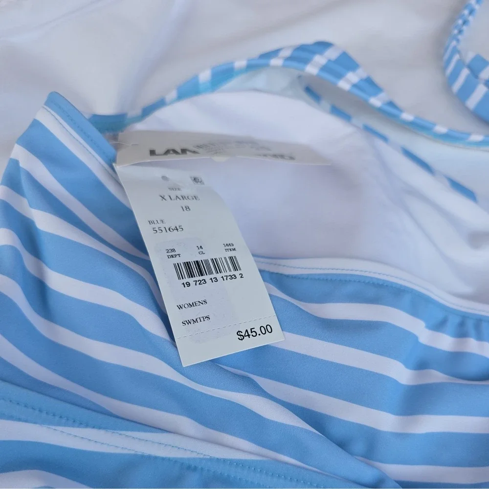 Lands' End XL Light Blue White Striped Flutter Halter Tankini Top Beach (378)